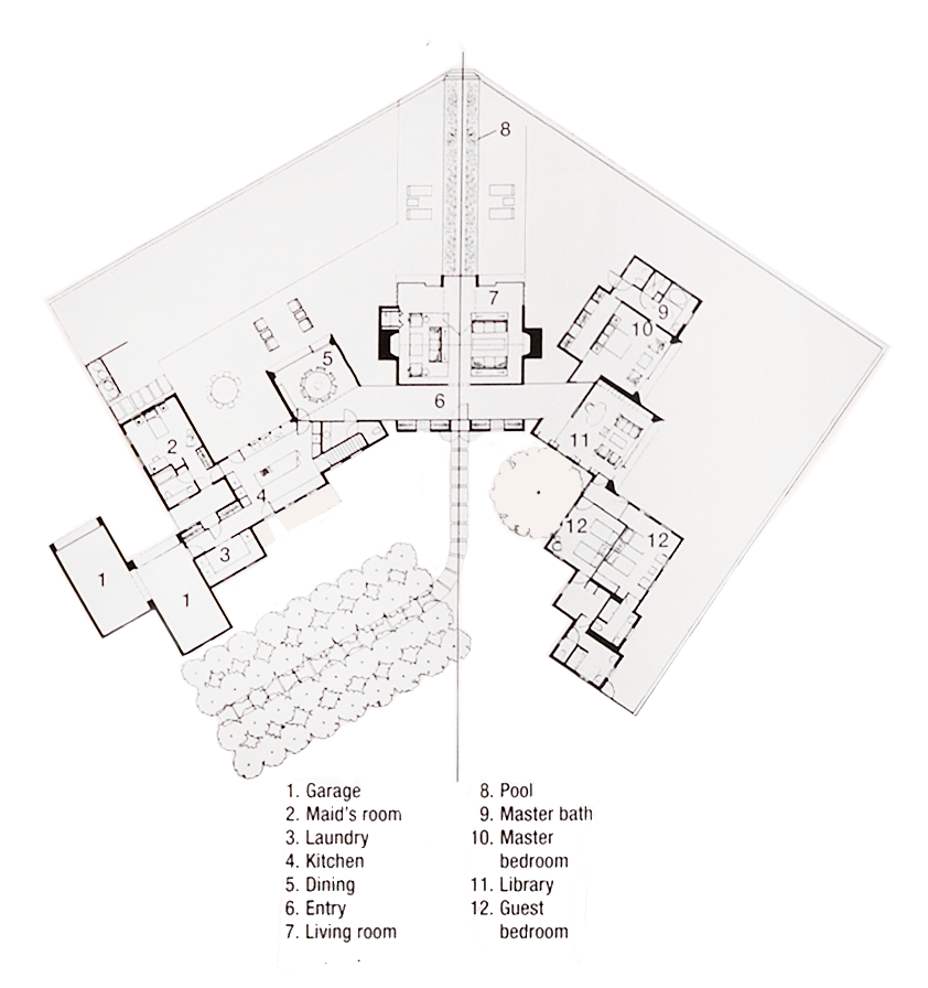 Architekturer Grundriss einer Residenz, in der verschiedene Räume und Outdoor -Merkmale vorgestellt werden