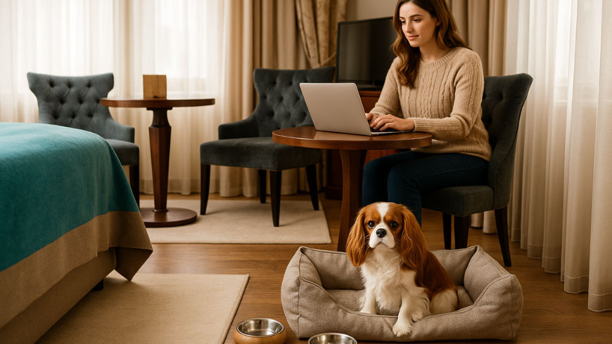Haustierfreundliches Hotel mit einer Schüssel mit frischem Wasser für den Hund