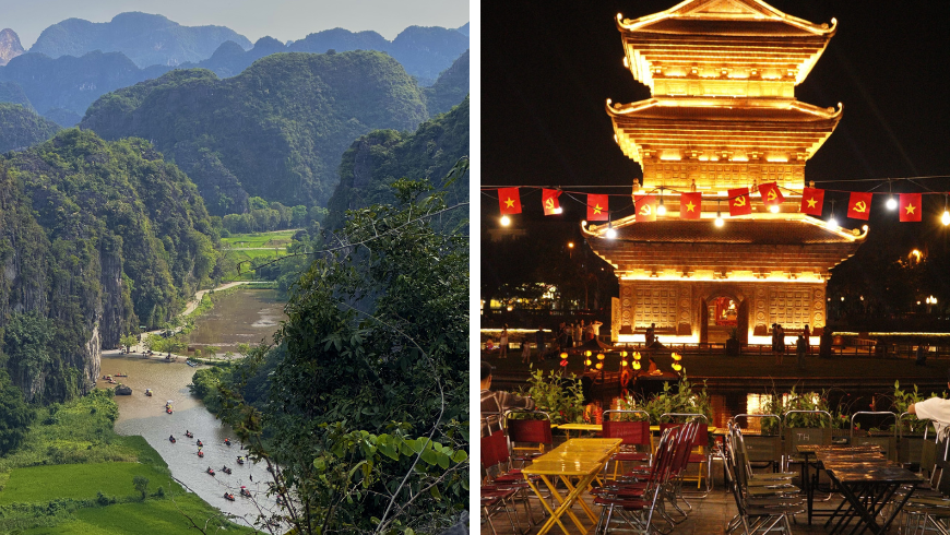 Ninh Binh Fluss und Berge. Nachttempel und Restaurantstühle in Vietnam.