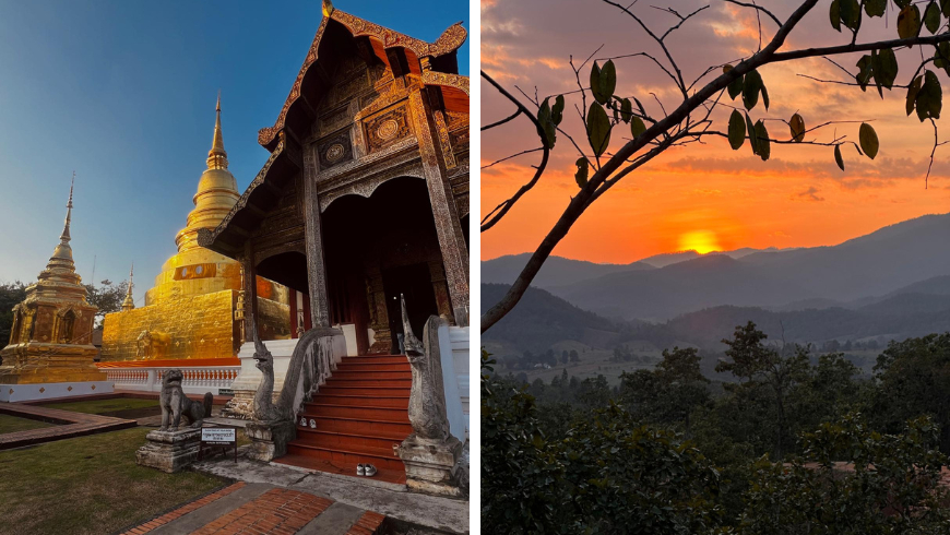 Tempel in Chiang Mai und Sonnenuntergang in den Bergen in Pai