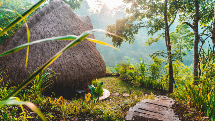 Grünes Gras und braune Nipa-Hütte