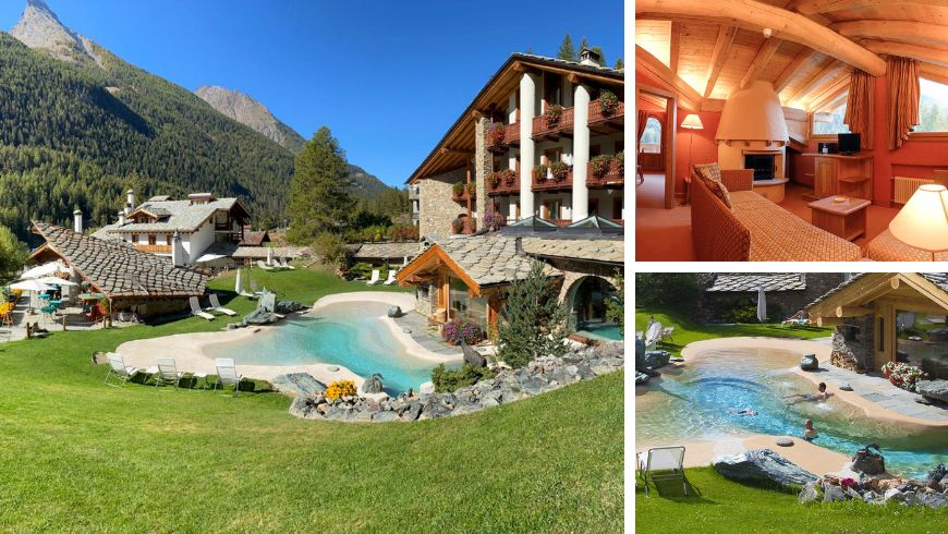 Schwimmbäder und Innenraum mit Holzstruktur und Kamin