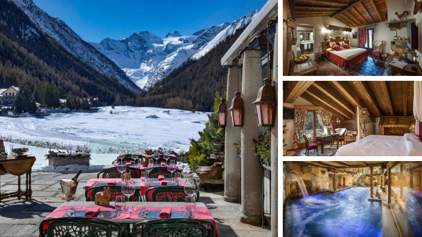 Terrasse mit Blick auf schneebedeckte Berge, Innenpool und Schlafzimmer