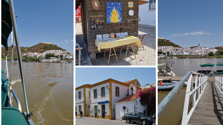 Kunsthandwerkliches Bankett am Guadiana River und weißes und ockerfarbenes Haus