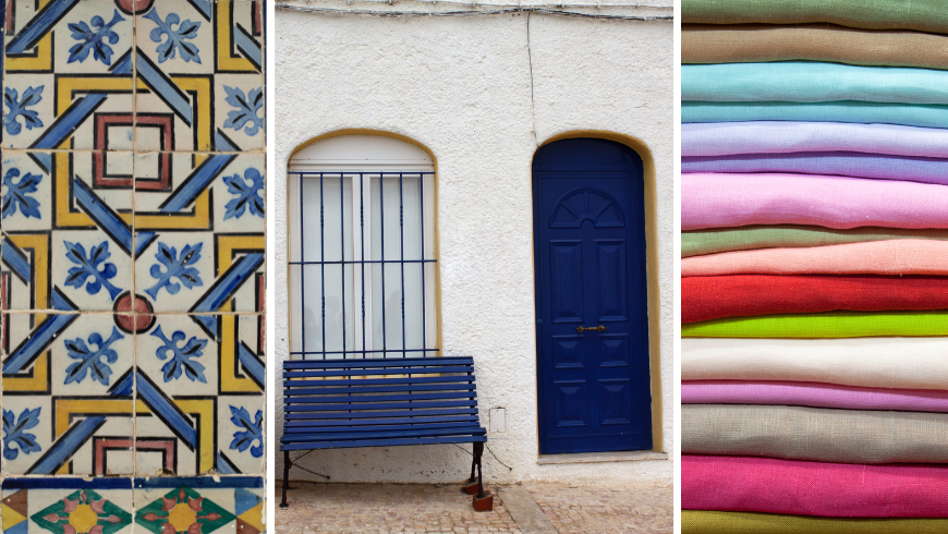 Bank und blaue Tür und verschiedene Stoffe