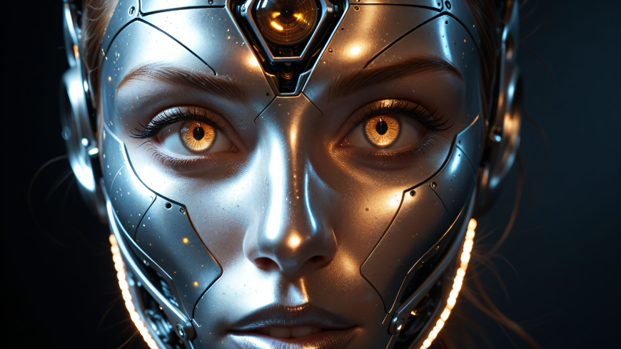 Das Gesicht der künstlichen Intelligenz symbolisiert das Bewusstsein für Umweltauswirkungen und nachhaltige Entscheidungen.