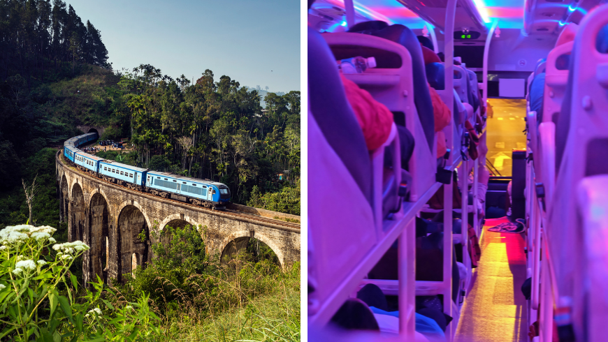 Sri Lanka Touristenzug und Schlafbus mit violettem Licht. Nachtzeit.