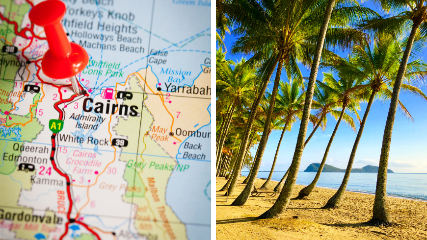Cairns-Karte in Australien und Palmen am Strand am Küstenstrand von Cairns