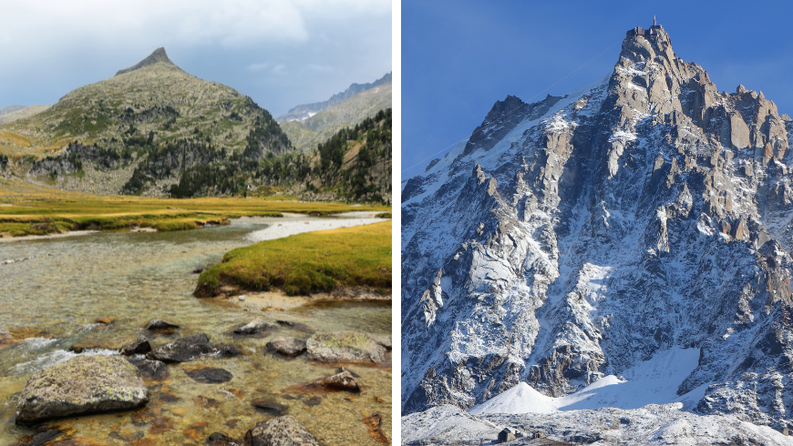 Pico de Aneto, Pyrenäen (links) vs. Mont Blanc, Alpen (rechts)