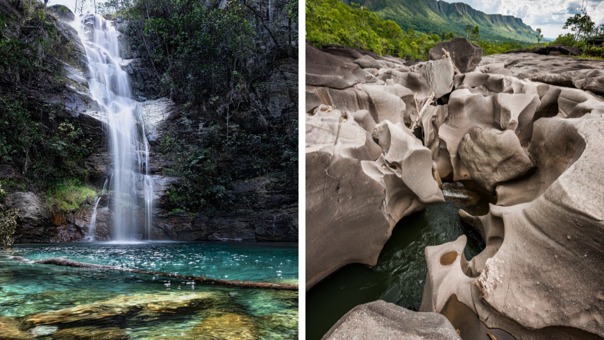 Klarer und blauer Wasserfall in Chapada dos Veadeiros. Felsformation Vale da Lua