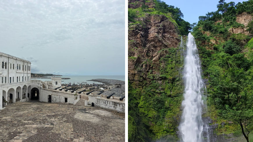 Elimina Castle in Ghana mit Blick auf den Atlantischen Ozean mit historischen Kriegskanonen und Blick auf die Küste sowie der Wli-Wasserfall im tropischen Wald Ghanas