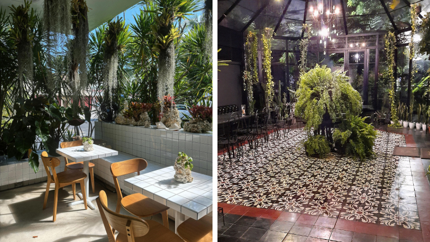 Tropisches Café im Freien mit modernem Dekor und gemütlichem Grünhaus-Café-Interieur 