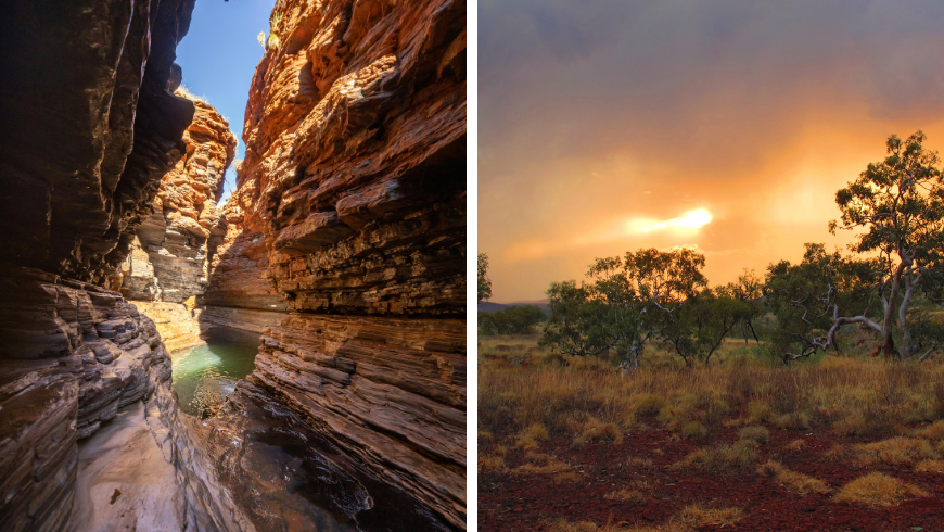 Dramatische Sandsteinschlucht im Karijini-Nationalpark und Sonnenuntergang im Karijini-Nationalpark, Westaustralien