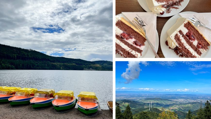 Galerie mit drei Bildern: links eine Wolkenlandschaft am Titisee mit bunten Booten; rechts ein Foto von drei Scheiben Schwarzwälder Torte und ein Foto der Landschaft in den Hügeln bei Freiburg