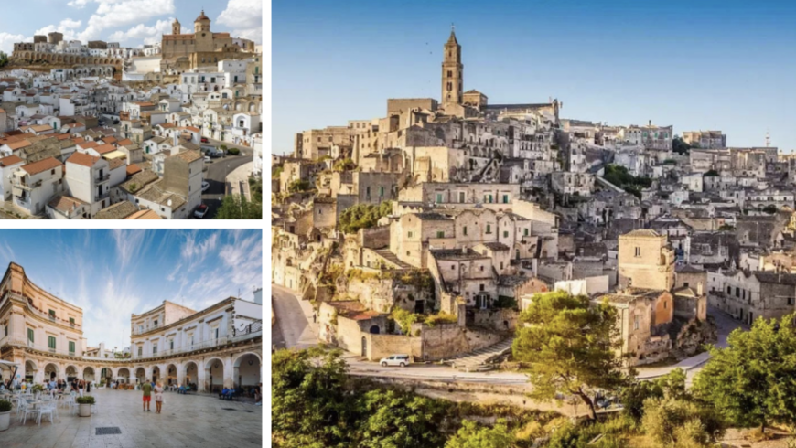 Panoramablick auf die Altstädte Matera, Pisticci und Martina Franca