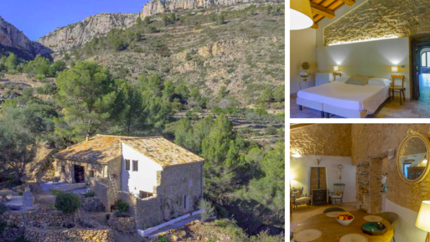 Finca Eco-Vida in Spanien: Fotos des Hauses von außen, umgeben von Bergen, dem Schlafzimmer und dem Esszimmer.
