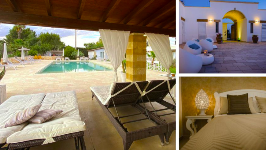 Tenuta Flora Maria in Italien: Fotos vom Garten mit eingelassenem Pool und vom Schlafzimmer. 