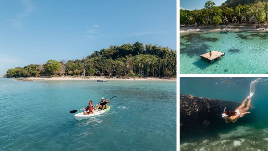 Kajakfahren, Schnorcheln auf der Insel im Norden von Palawan, Philippinen