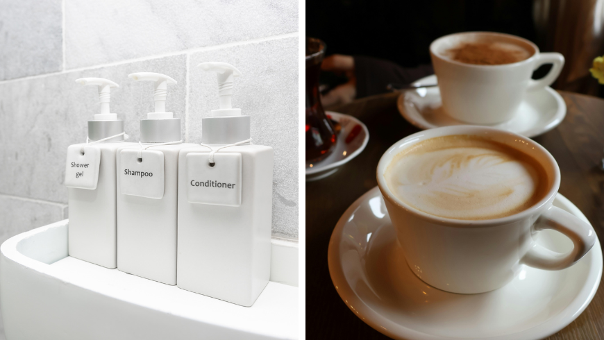 Nachfüllbare Flaschen mit Shampoo, Spülung und Duschgel in Hotels. Cafés 