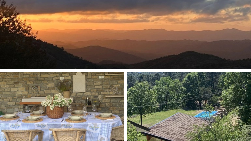 Blick vom Mountain House mit Sonnenuntergang, gedecktem Tisch mit Gartenblumen und Garten mit Pool
