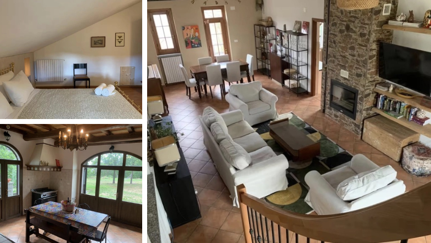 Innenräume des Ferienhauses mit großem Wohnzimmer, verschiedenen Schlafzimmern und Küche mit Aussicht