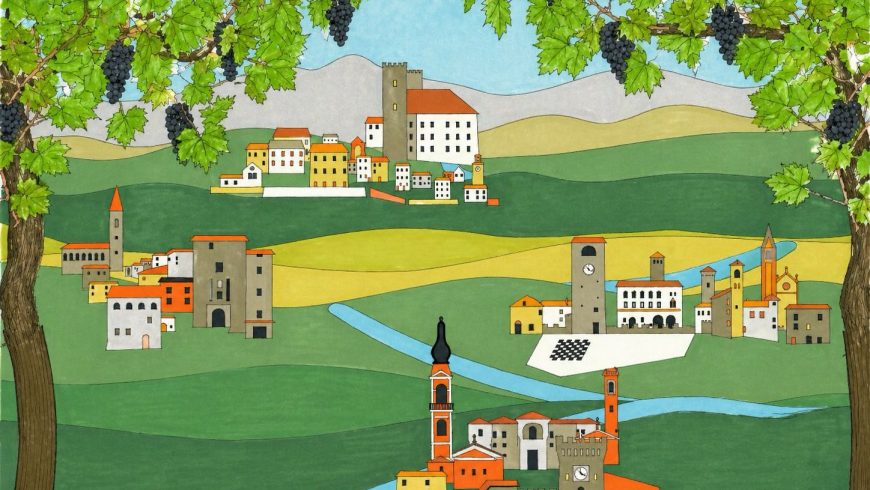 Illustratives Poster der Etappe des Valle Panaro mit Bäumen und einem Fluss, der durch die verschiedenen Dörfer des Tals fließt