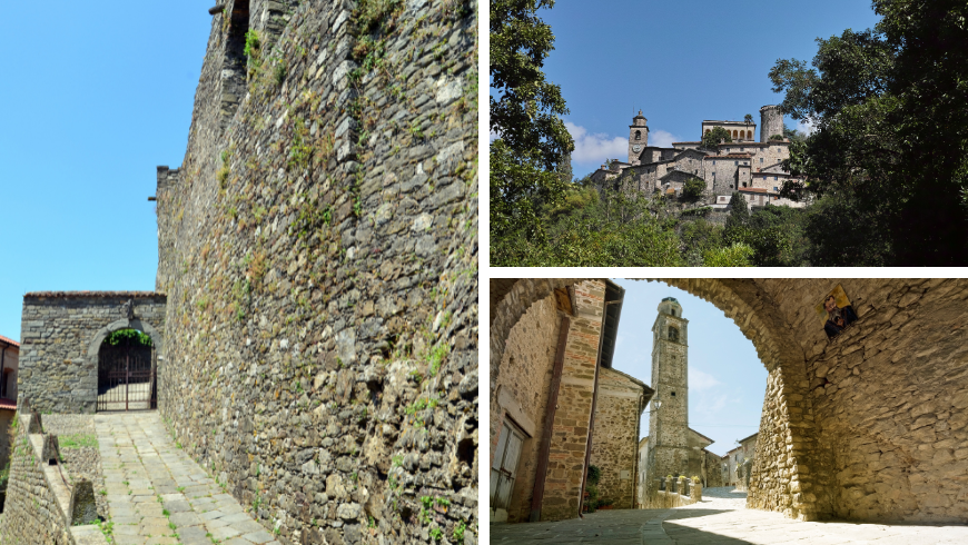 Mauern des Schlosses von Castiglione del Terziere und des Dorfes Bagnone in der Lunigiana