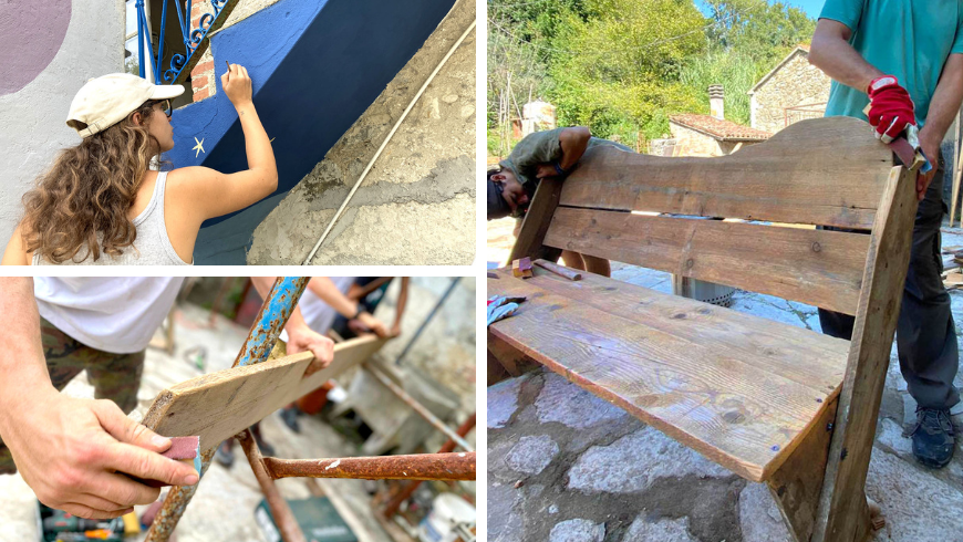 Rückgewinnung von Materialien zur Herstellung von Bänken und vielem mehr sowie Kunst auf der Treppe der Hütte