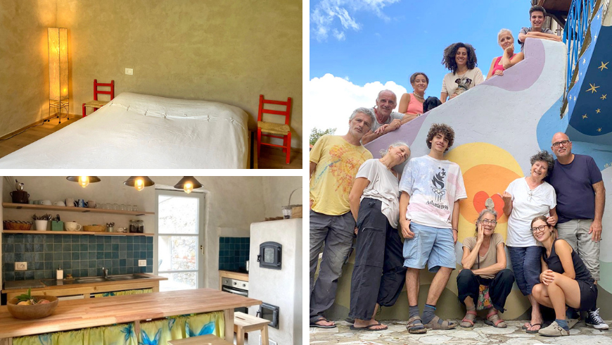Gemütliche Räume der Luniluna-Hütte und eine Gruppe von Unterstützern und Helfern des Projekts, darunter Lelia, Antonio und Diego
