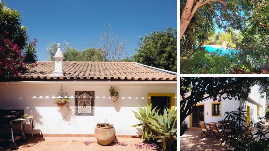 Links Foto von Casa Amarela, rechts Foto des von Natur umgebenen Pools und Foto von Casa Amarela aus einer anderen Perspektive