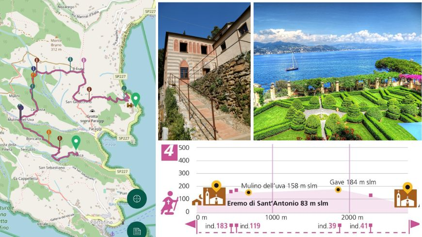 Karte und Höhenprofil der Trekkingroute von Niasca nach La Cervara in Portofino