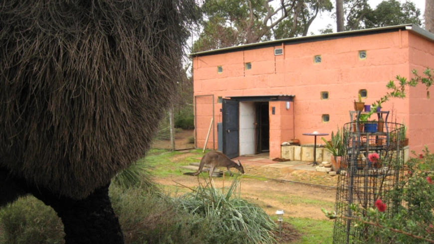 Kleines orangefarbenes Haus in einer ländlichen Gegend in Australien mit einem Kanguru an der Vorderseite