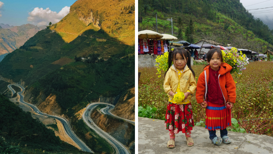 Malerische kurvenreiche Straße durch die Hà-Giang-Berge und Kinder in traditioneller Kleidung auf dem Ha-Giang-Markt