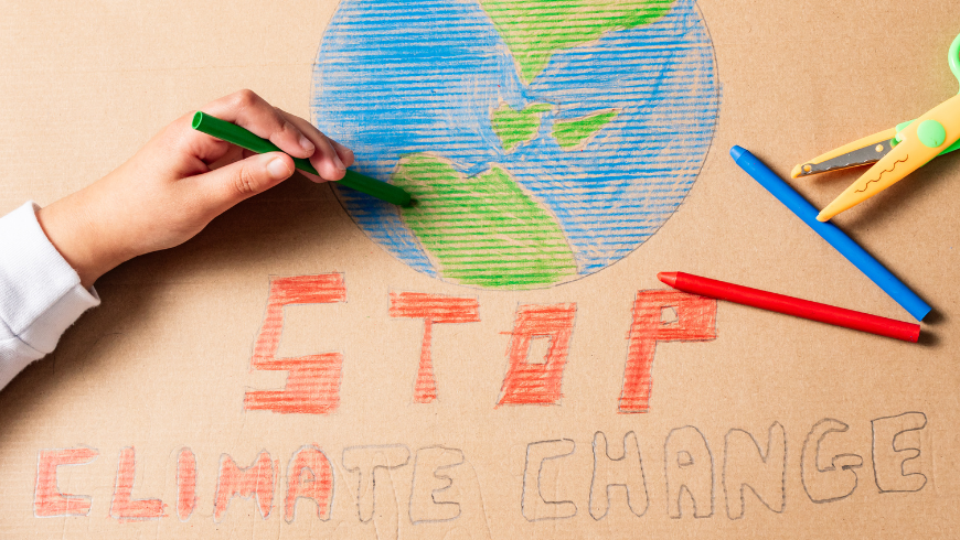 Zeichnung der Erde und Botschaft zum Stoppen des Klimawandels, die Klimalösungen darstellt