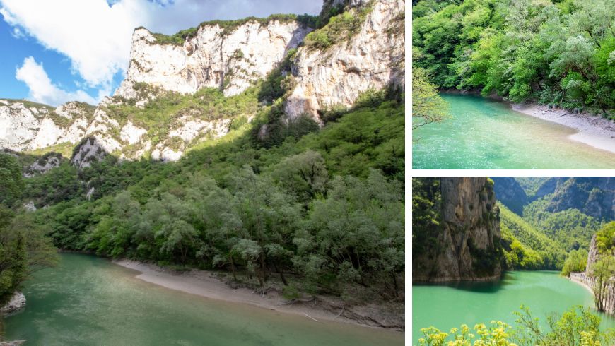 Collage aus drei Bildern der Furlo-Schlucht in der Region Marken mit felsigen Klippen, Panoramawegen und dem Fluss Candigliano, der durch das Naturschutzgebiet fließt.