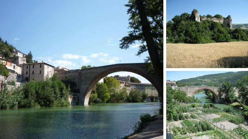 Collage von Fossombrone in der Region Marken mit der Brücke über den Fluss Metauro, den Gärten entlang des Flusses und der Malatesta-Festung.