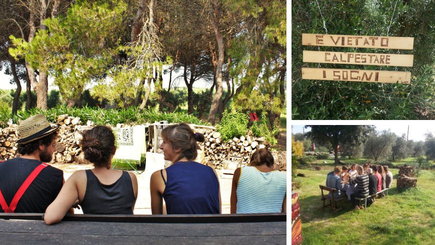 Eine Gruppe von Menschen entspannt sich im Grünen auf dem Piccapane-Bauernhof im Salento, mit einem im Gras gedeckten Tisch und der Aufschrift „Träume dürfen nicht mit Füßen getreten werden“.