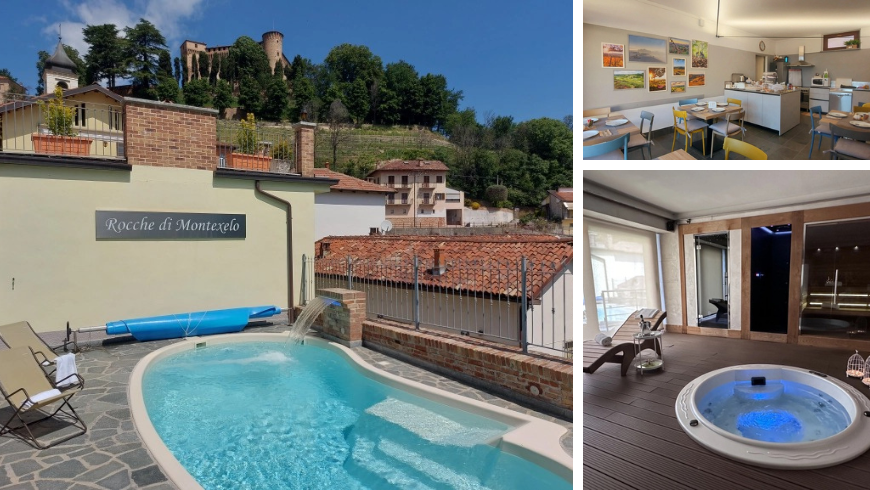 Pool draußen im Rocche di Montexelo und Zimmer drinnen