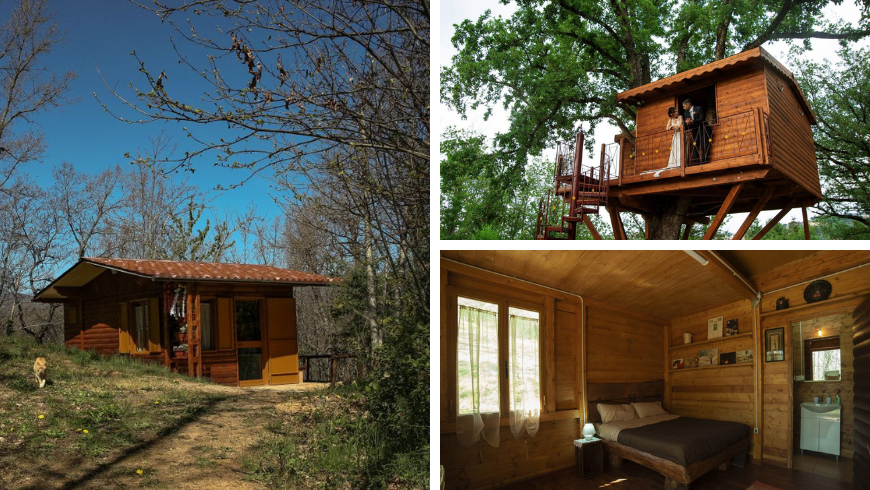Haus im Wald und Baumhaus mit Inneneinrichtung