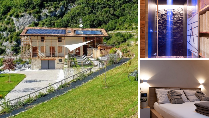 Garten des Bauernhauses und Inneneinrichtung mit Wellness-Fokus