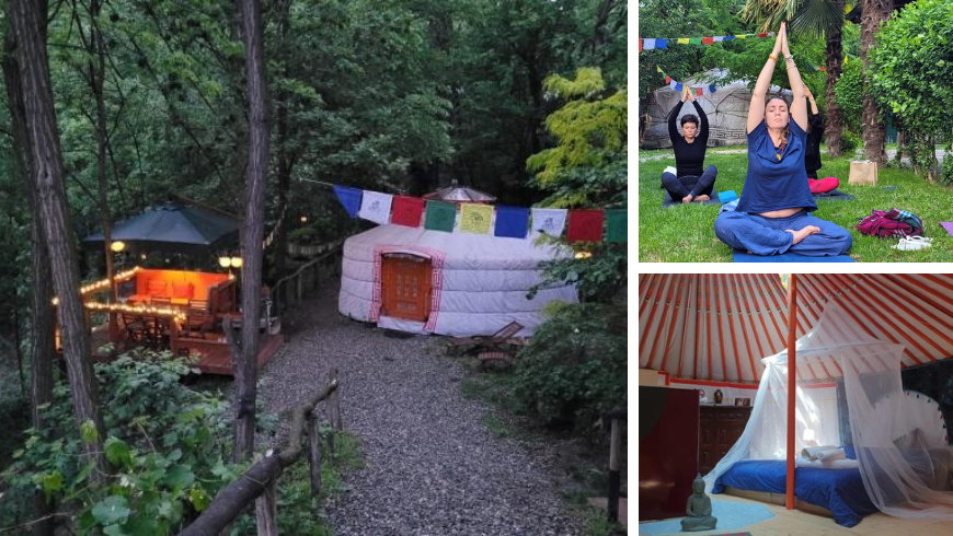 Zelte und Jurten im Wald und Yoga-Aktivitäten