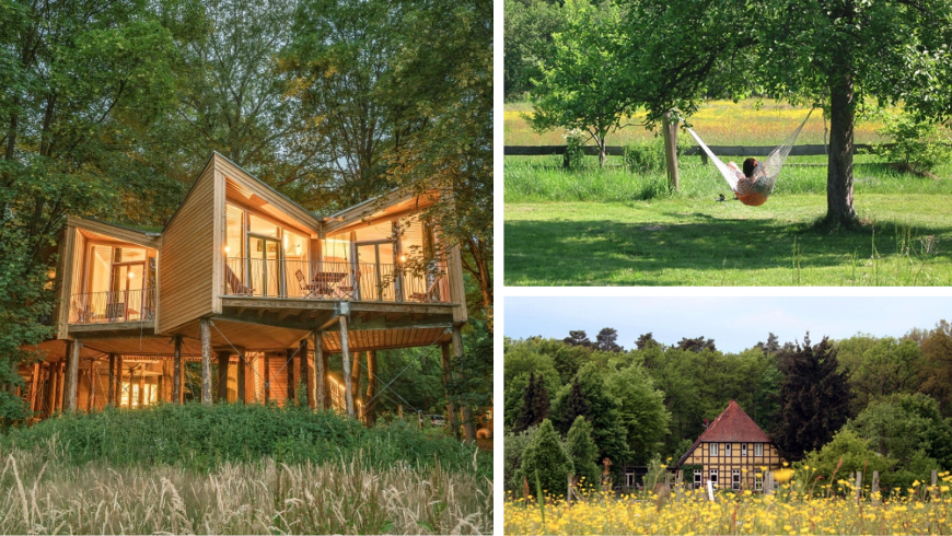 Baumhaus mit einer Person auf einer Hängematte und einem Wiesenstück