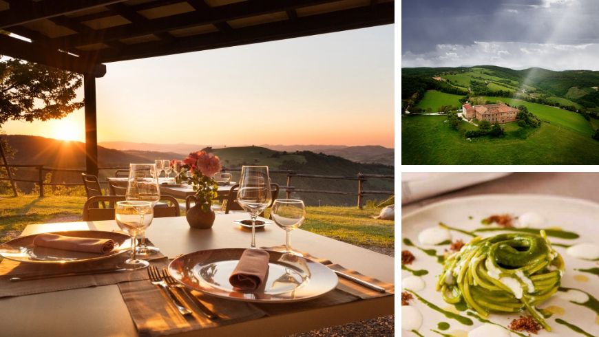 Erholsamer Urlaub im Bioagriturismo Girolomoni in der Region Marken, umgeben von Natur, mit einem gedeckten Tisch mit Blick auf die Hügel und einem Teller Bio-Pasta.
