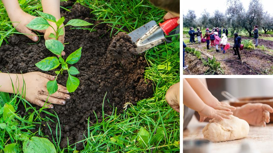 Kinder arbeiten im Garten und in der Küche