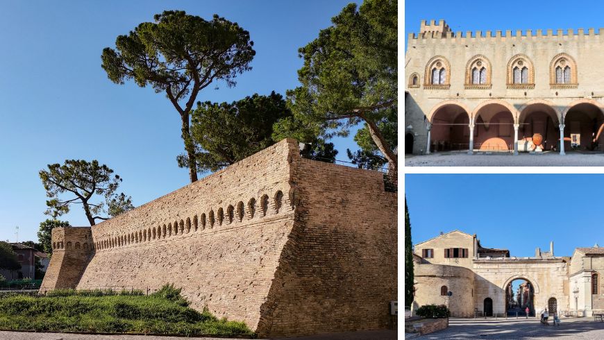 Collage von Fano mit den antiken Stadtmauern, dem römischen Augustusbogen und dem Malatesta-Palast im historischen Zentrum der Region Marken.