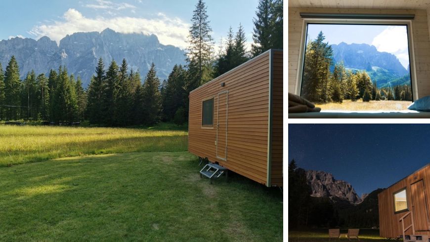 Tiny House mit Blick auf die Dolomiten und den nächtlichen Sternenhimmel
