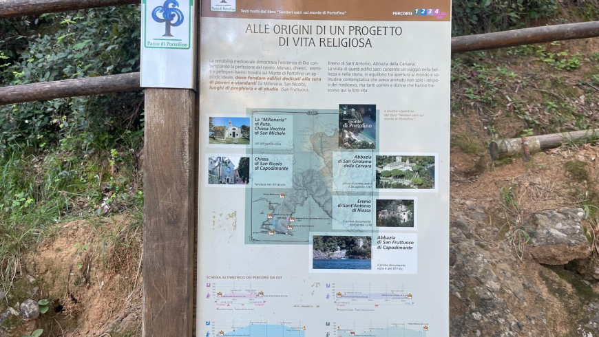 Erklärendes Schild entlang des Wanderwegs „Mönche des Berges“ im Naturpark Portofino für eine zweitägige Portofino-Trekkingroute