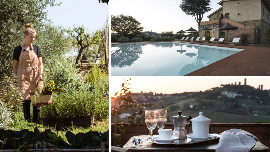 Swimmingpool, Garten mit Gemüsegarten und Panorama-Essbereich im Freien