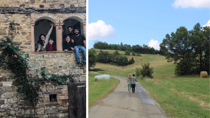Gruppe von Menschen, die aus einem Fenster schauen, und zwei Menschen, die durch ein Feld gehen