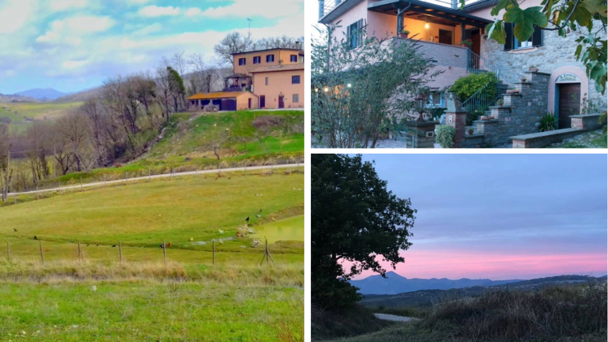 Grüne Landschaft mit Bauernhaus und Panoramablick auf die Dämmerung